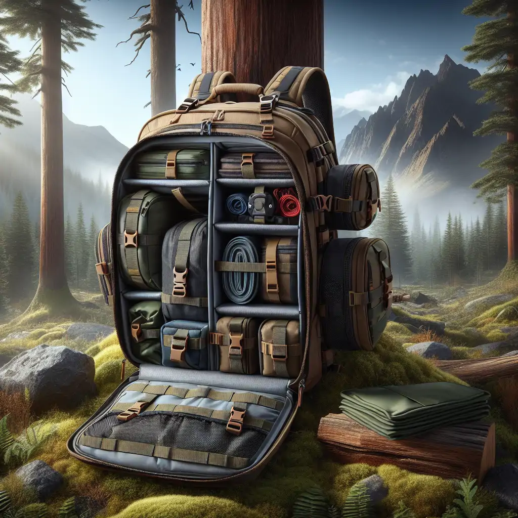 A neat and organized backpack with separate compartments for different types of gear, showcasing optimal packing.