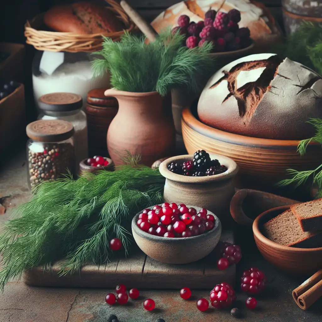 Variety of ingredients like dill, lingonberries, and rye bread on a rustic kitchen counter.