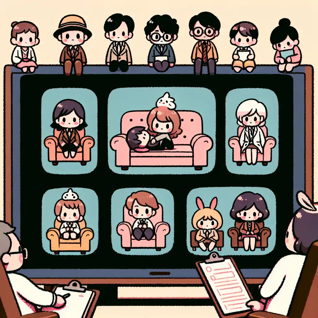 A TV screen showing clips of famous therapy scenes from different shows.