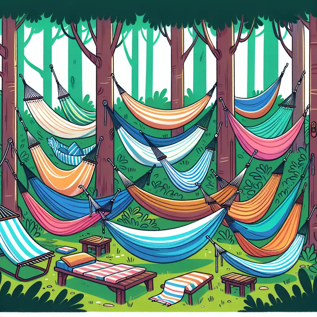 A variety of colorful hammocks set up in a lush forest setting, illustrating options available for hammock enthusiasts.