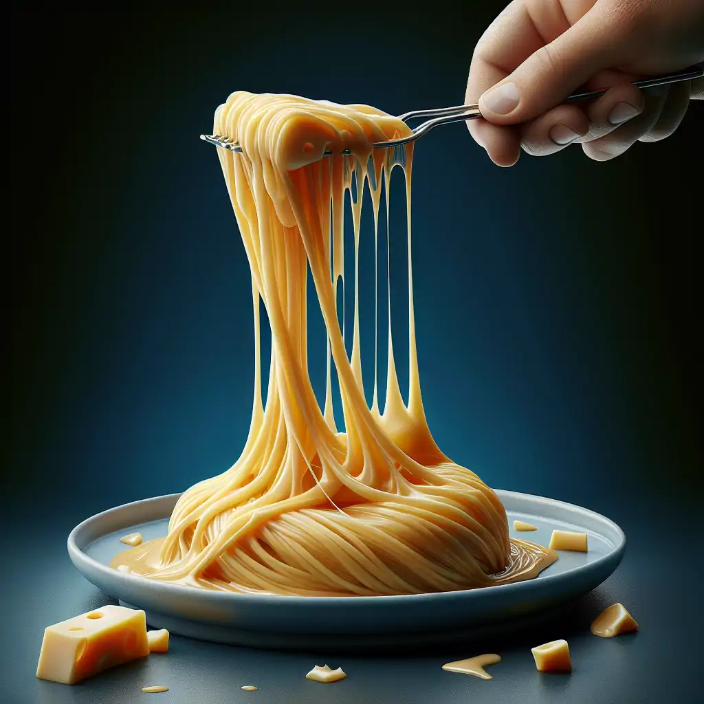 A triumphant shot of a perfectly melted cheese dish, with strings of gooey cheese being pulled apart, illustrating the ultimate successful melt.