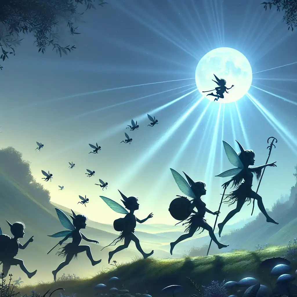 A digital painting of mischievous pixies playfully leading travelers across an enchanting landscape, their silhouettes darting amidst beams of moonlight.