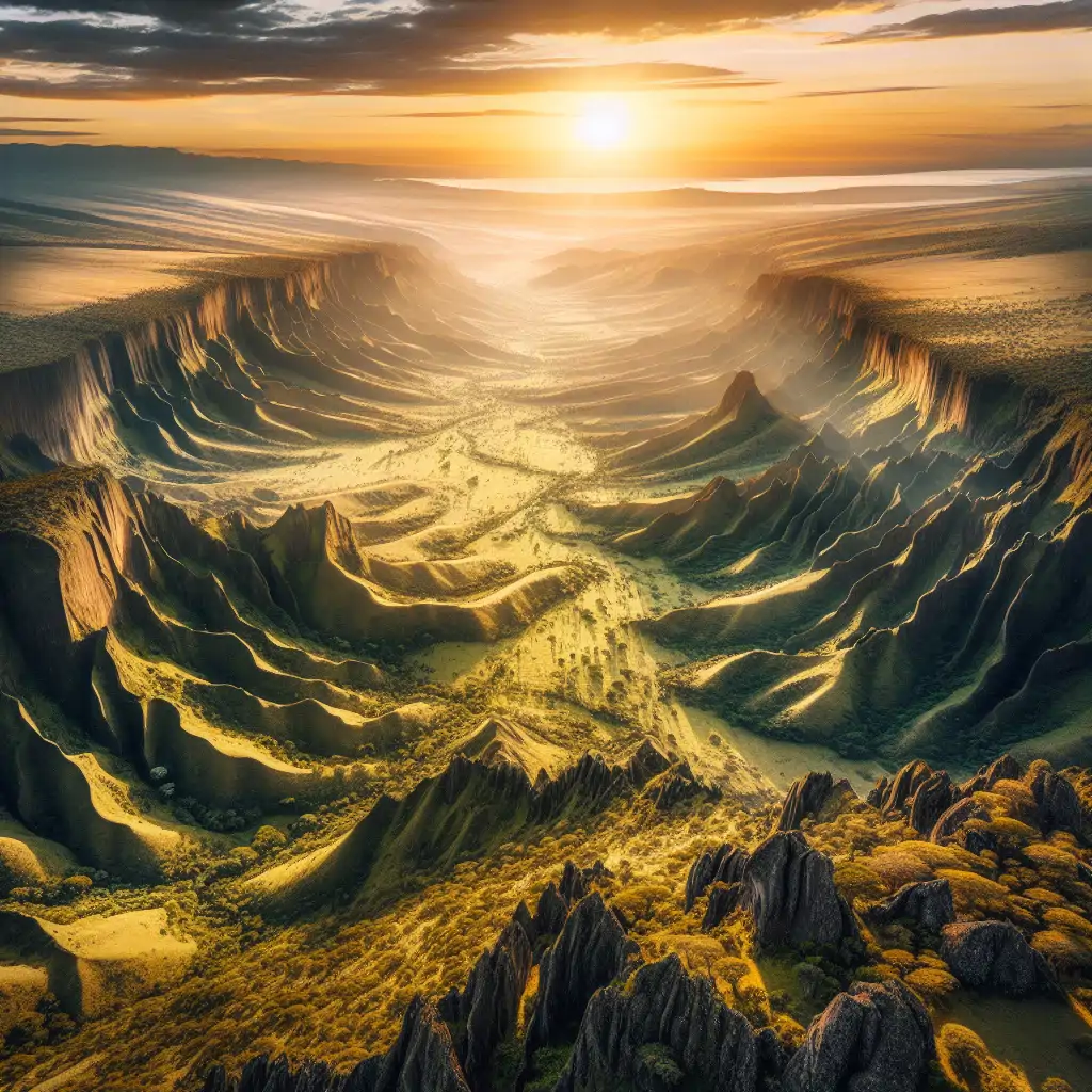 A wide-angle, breath-taking view of Kenya's Great Rift Valley with its rolling hills, volcanic formations, and lush vegetation. The image captures the majestic expanse of the valley along with a vibrant sunset, casting golden hues across the landscape.