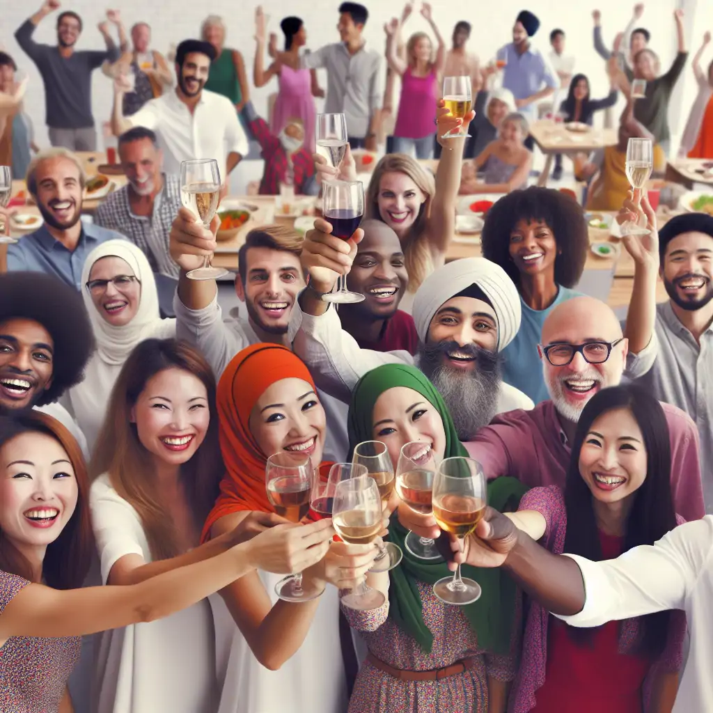 A group of people raising their glasses in a lively toast, reminiscence of the communal spirit Beatrice inspired.