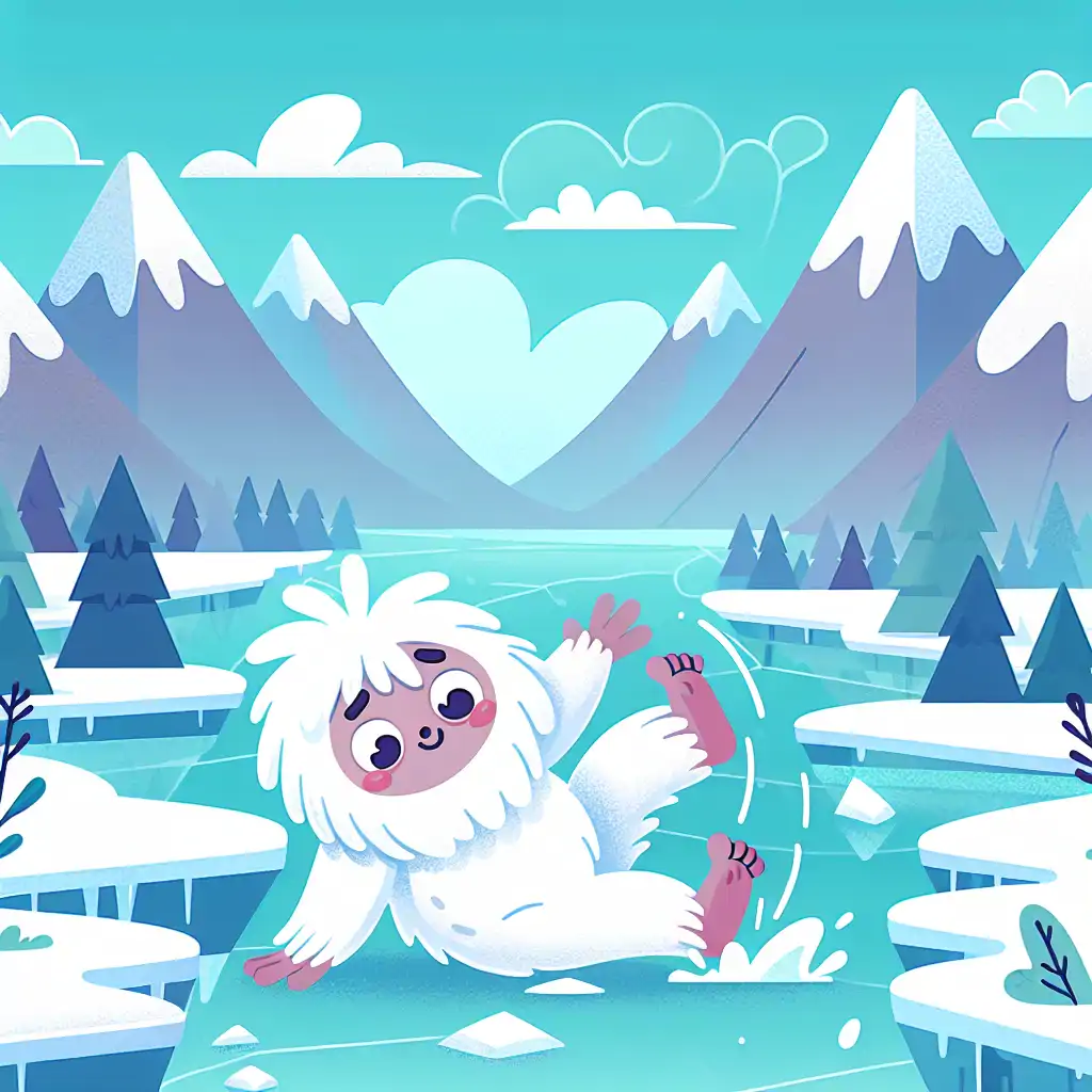 A whimsical illustration of a playful Yeti slipping on ice in the Himalayas