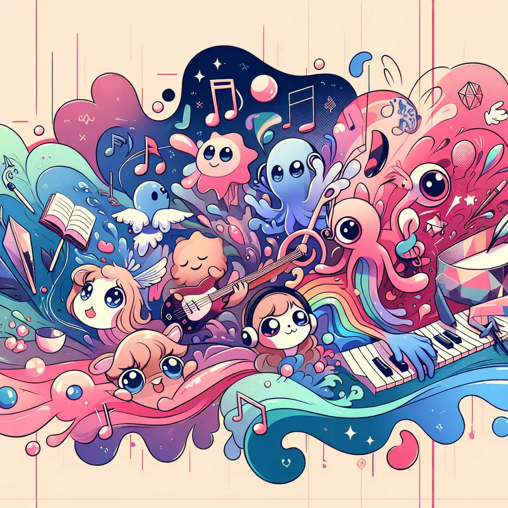 Illustration of different art forms like music, painting, and writing coming together in a vibrant collage representing creativity.