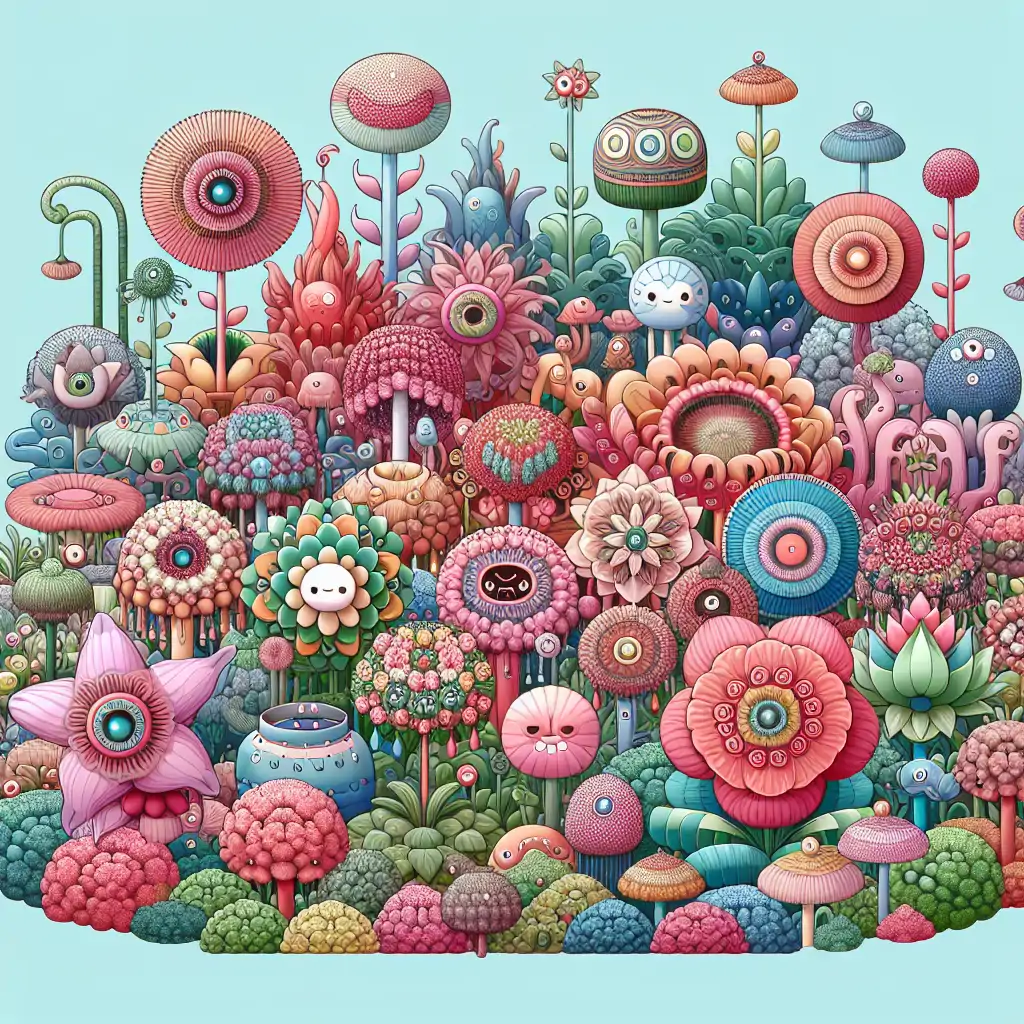 A vibrant collage showcasing a variety of bizarre-looking flowers in an enchanting garden setting.
