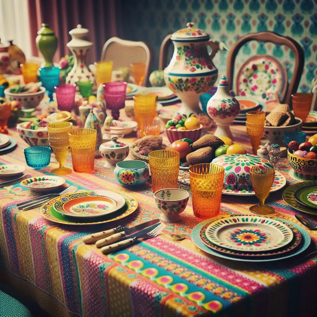 A vibrant table setting reminiscent of a 1970s family feast.