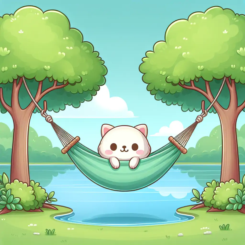 A serene hammock setup between two lush green trees by a tranquil lake.