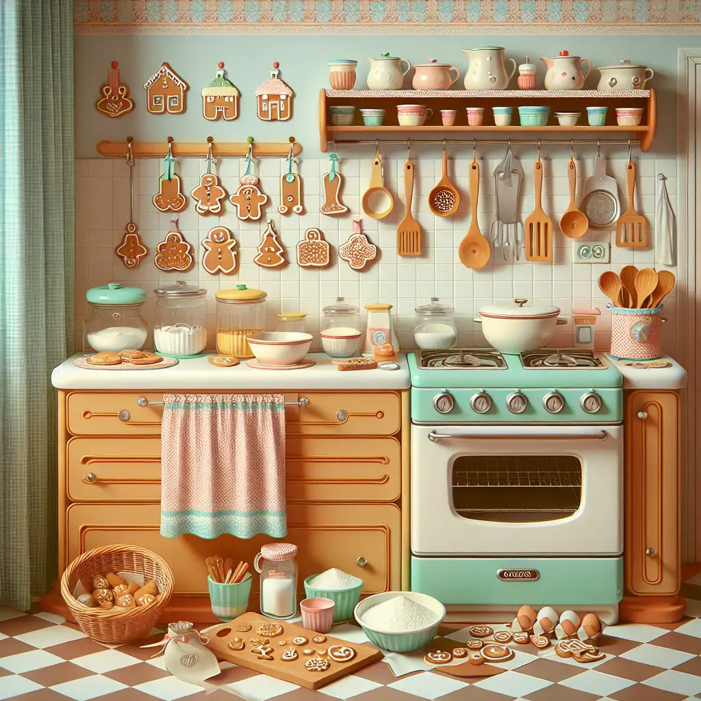 A vintage kitchen scene from the 1960s showcasing gingerbread ingredients and baking tools.