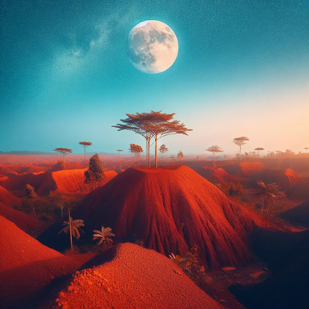 A panoramic view of Guinea's bauxite-rich red earth under a clear, blue sky.