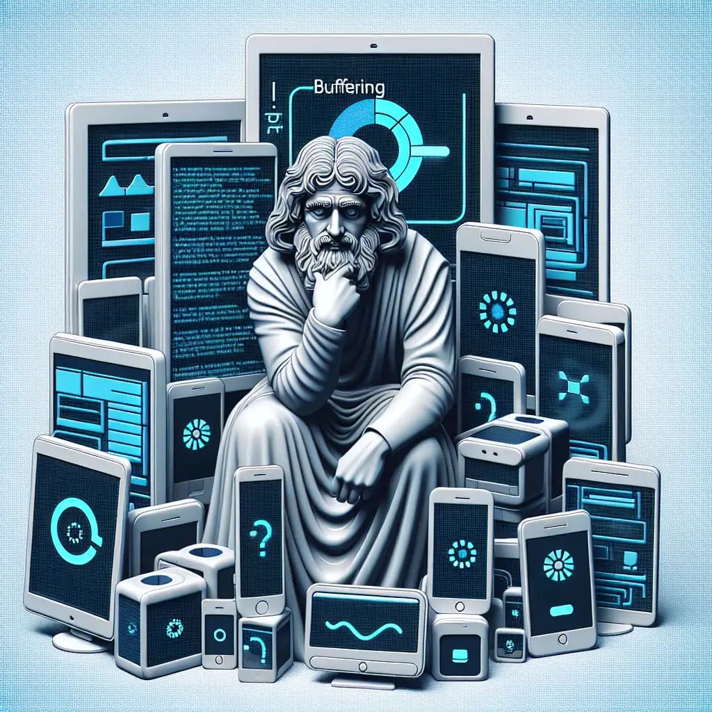 A humorous caricature of Descartes, deep in thought, surrounded by modern-day tech gadgets with the buffering symbol prominently displayed.