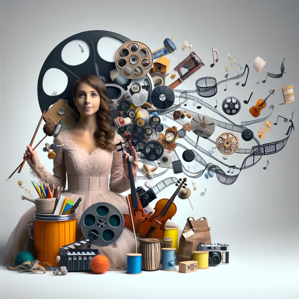 A whimsical portrayal of Agnes with film reels and household items as instruments.