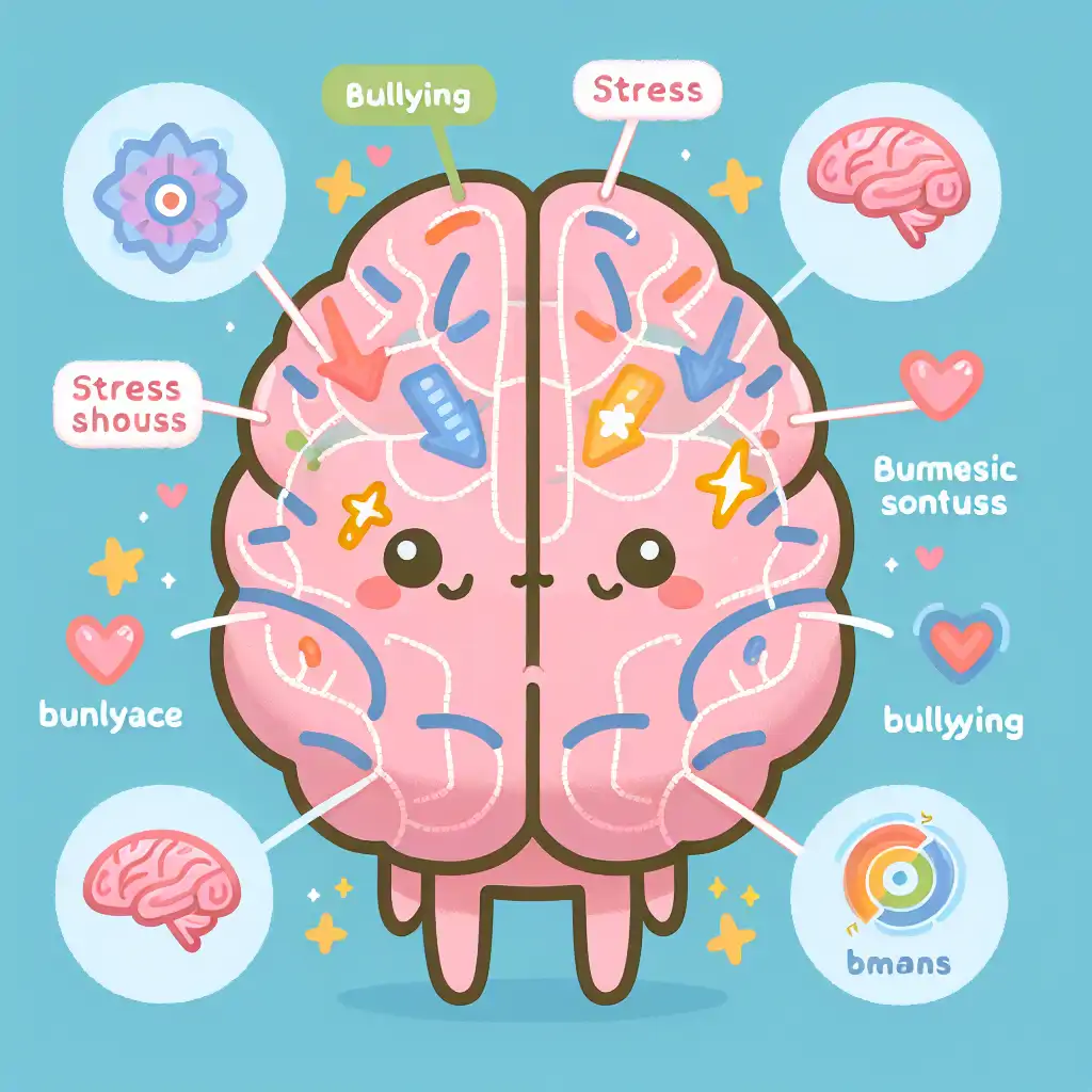An infographic illustrating the different parts of the brain affected by stress, with arrows and highlights showing the impact of bullying on these areas.