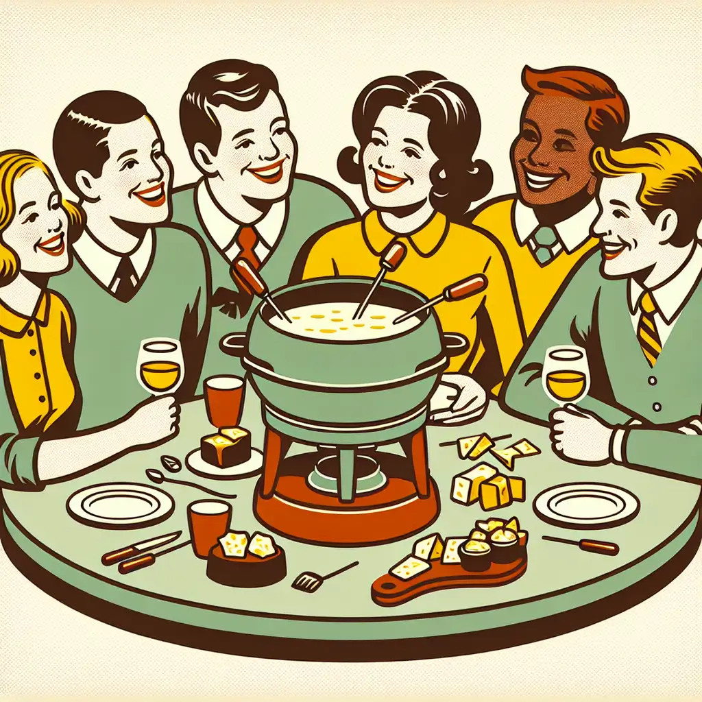 A vintage-style image of people gathered around a fondue pot, laughing and enjoying the cheesy dish.
