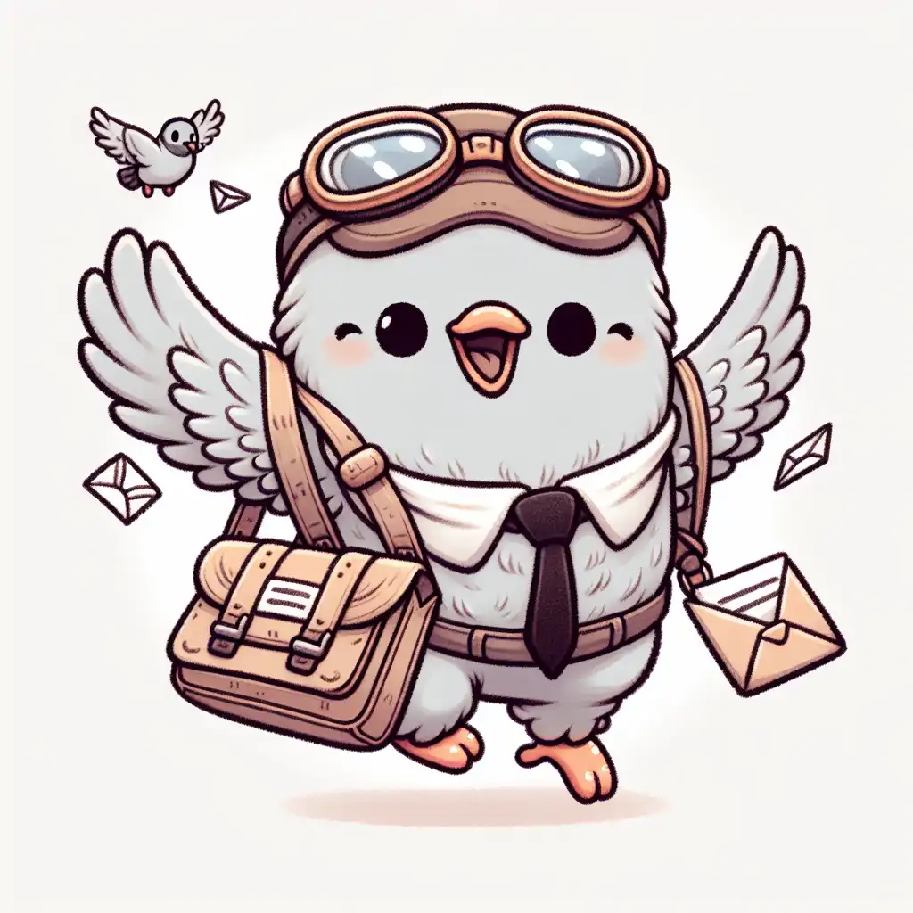 A whimsical depiction of pigeons with tiny aviator goggles and messenger bags, celebrating their flight.