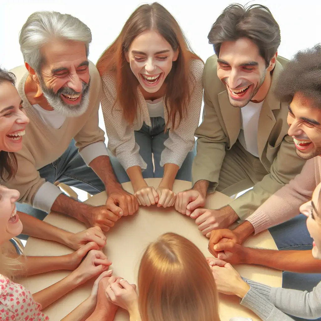 A diverse group of people in a circle during a laughter therapy session, enjoying and sharing smiles.