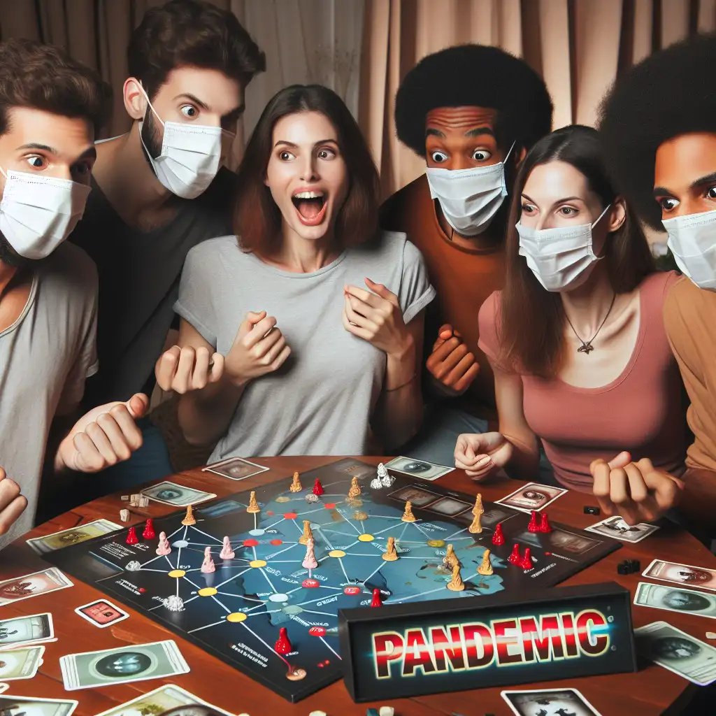 A group of friends intensely playing the Pandemic board game at a table.