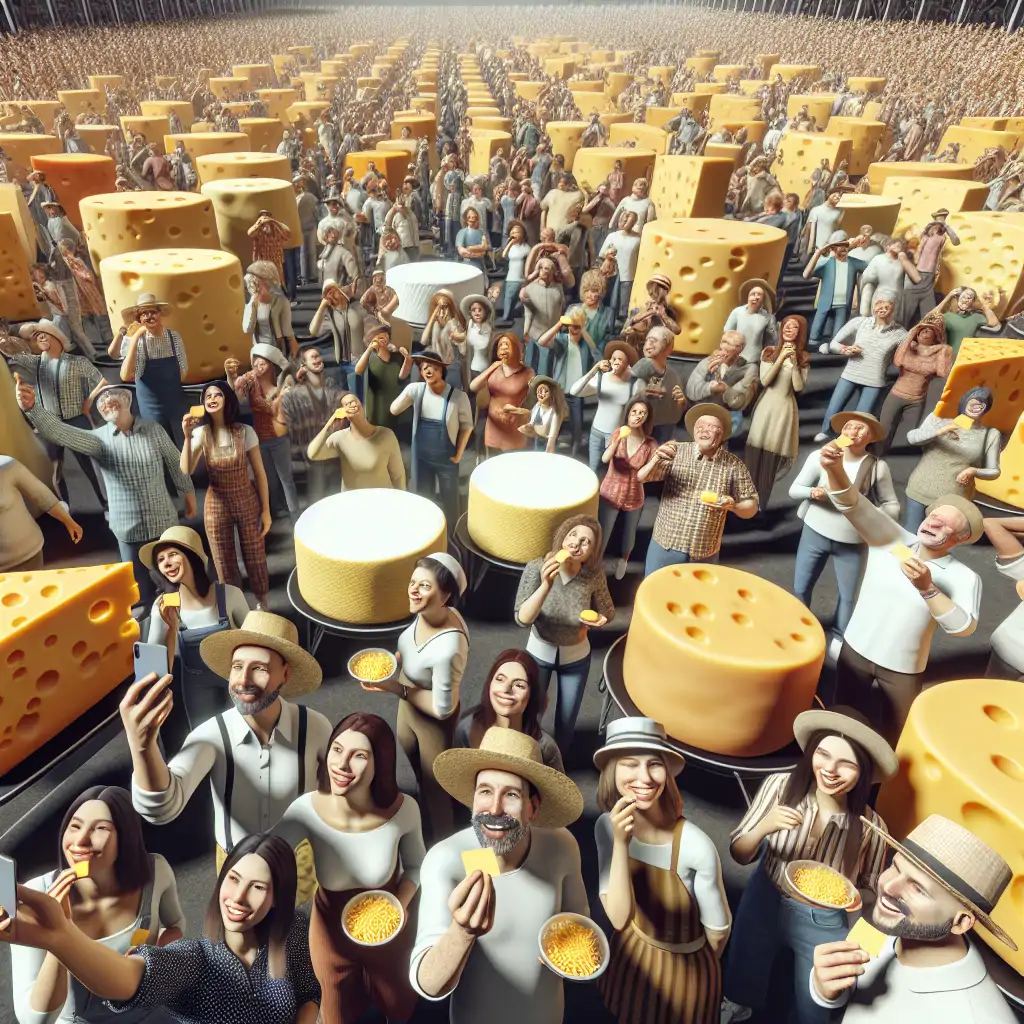 A bustling cheese festival with people wearing giant cheese hats, tasting samples, and taking selfies next to massive wheels of cheese.