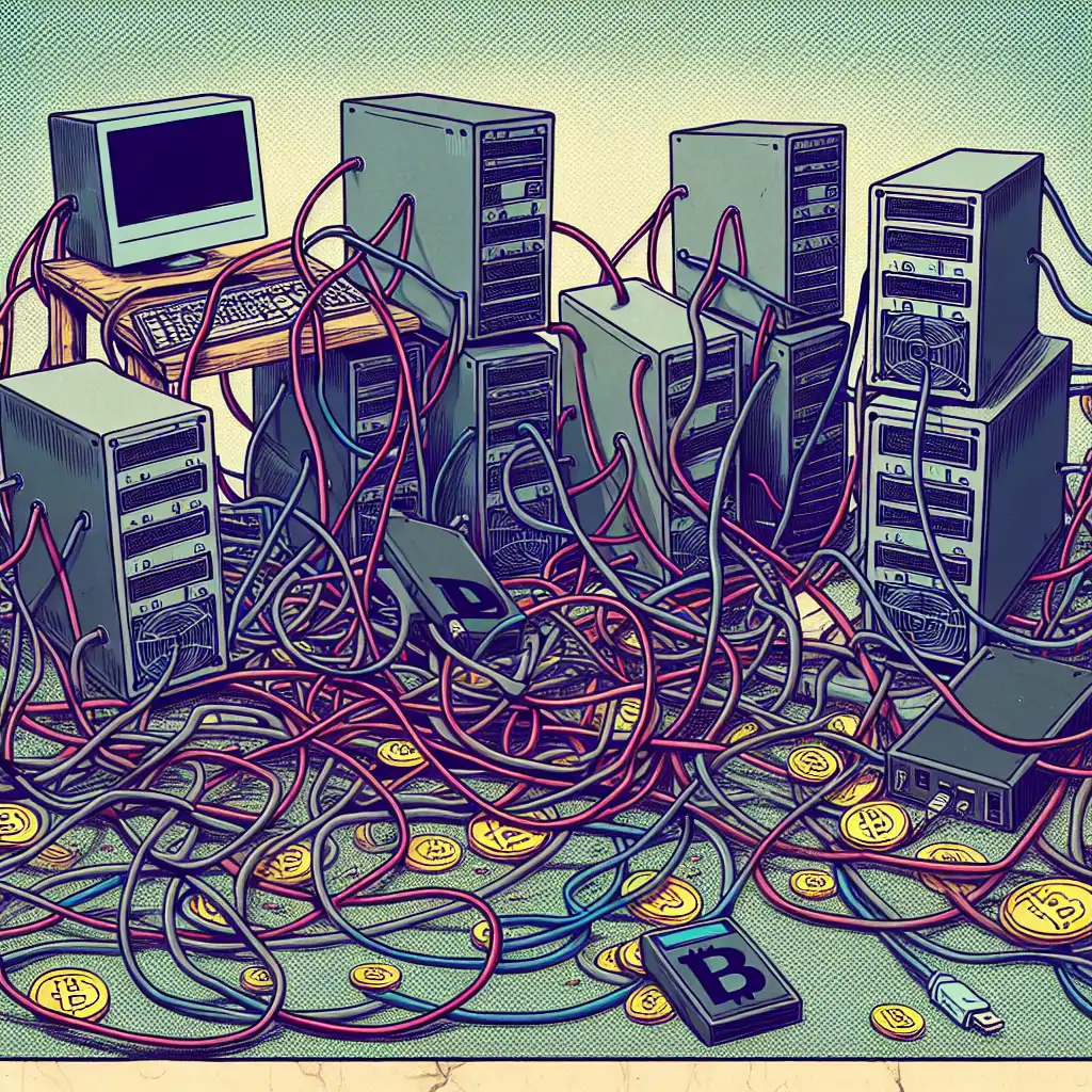 A chaotic assortment of computer equipment, cables entangled, representing the humorous misfortune of a crypto mining setup gone wrong.
