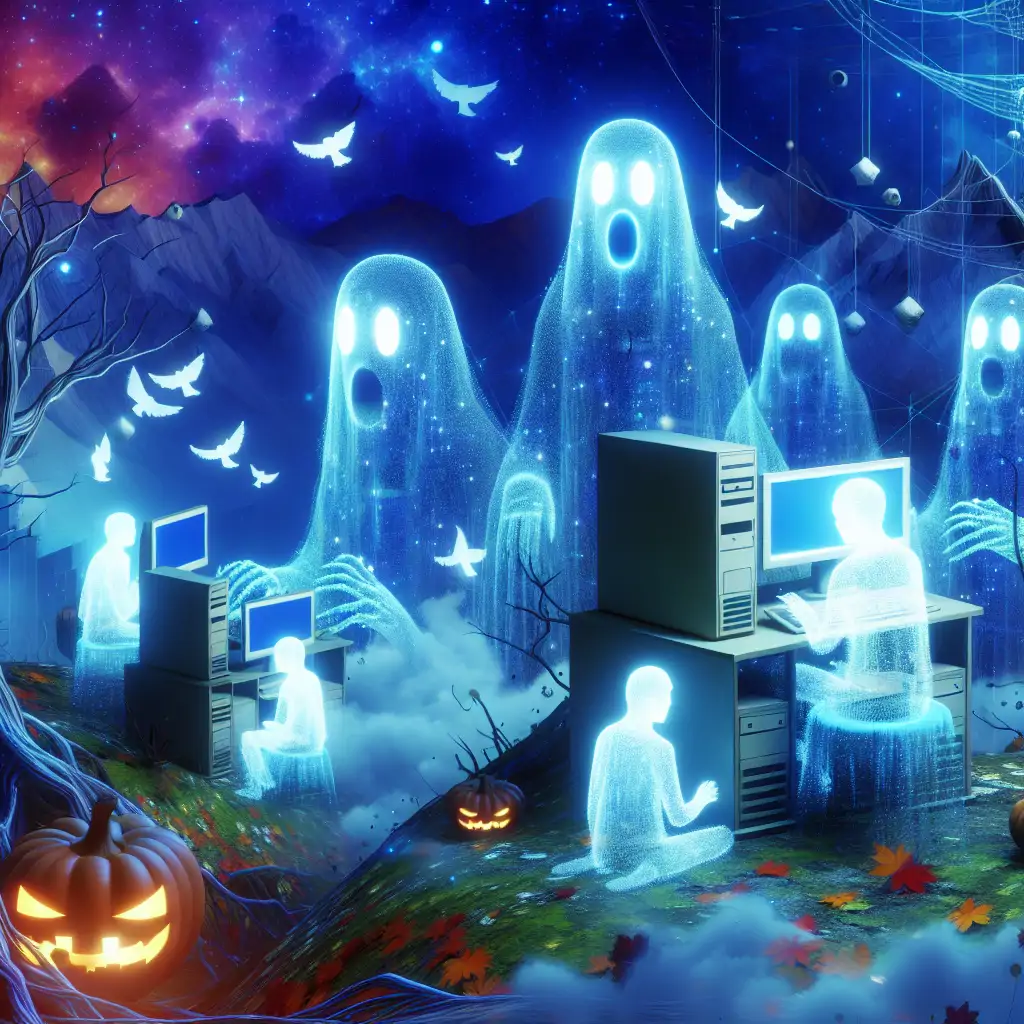 An eerie digital landscape with ghostly figures interacting with computers.