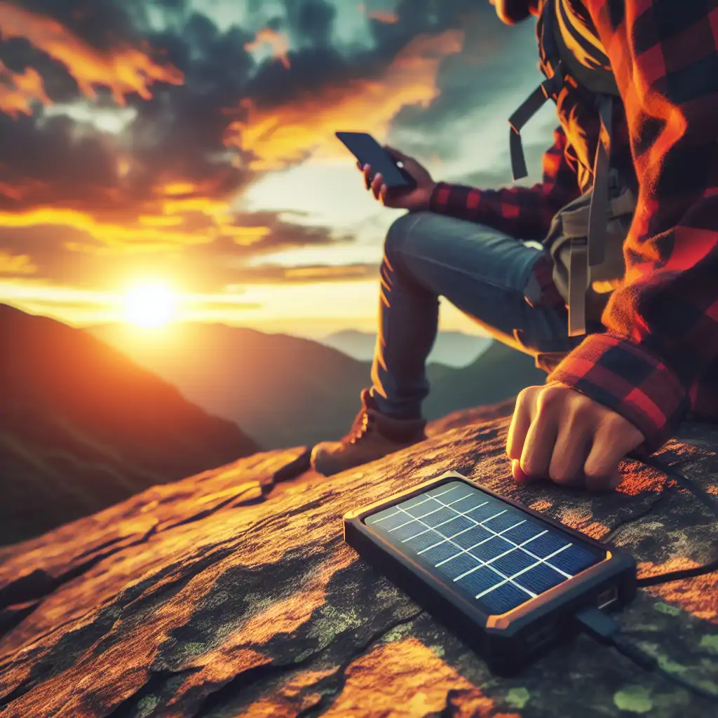 A hiker sitting on a rock, charging their smartphone with a portable solar charger under a vibrant sunset.