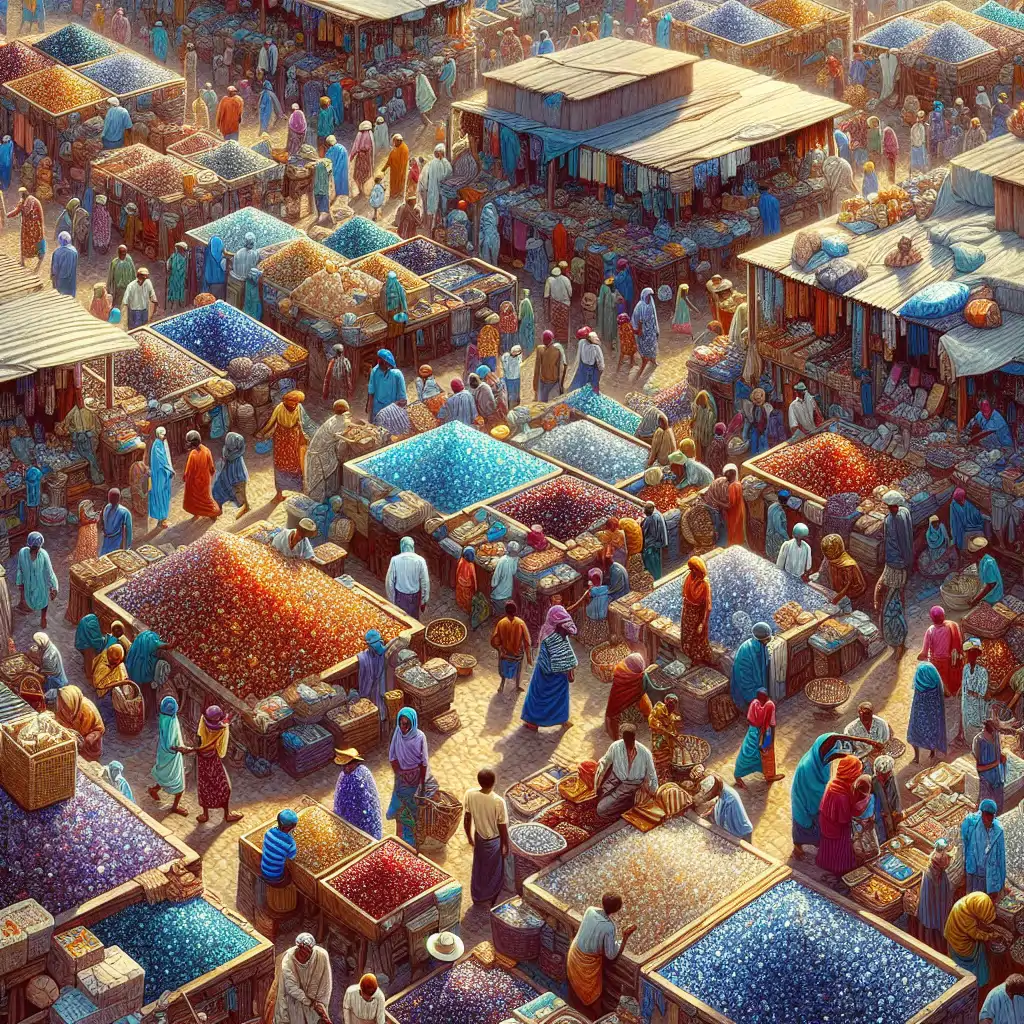 A colorful Malagasy marketplace bustling with locals and travelers, surrounded by vivid sapphires and exotic goods.