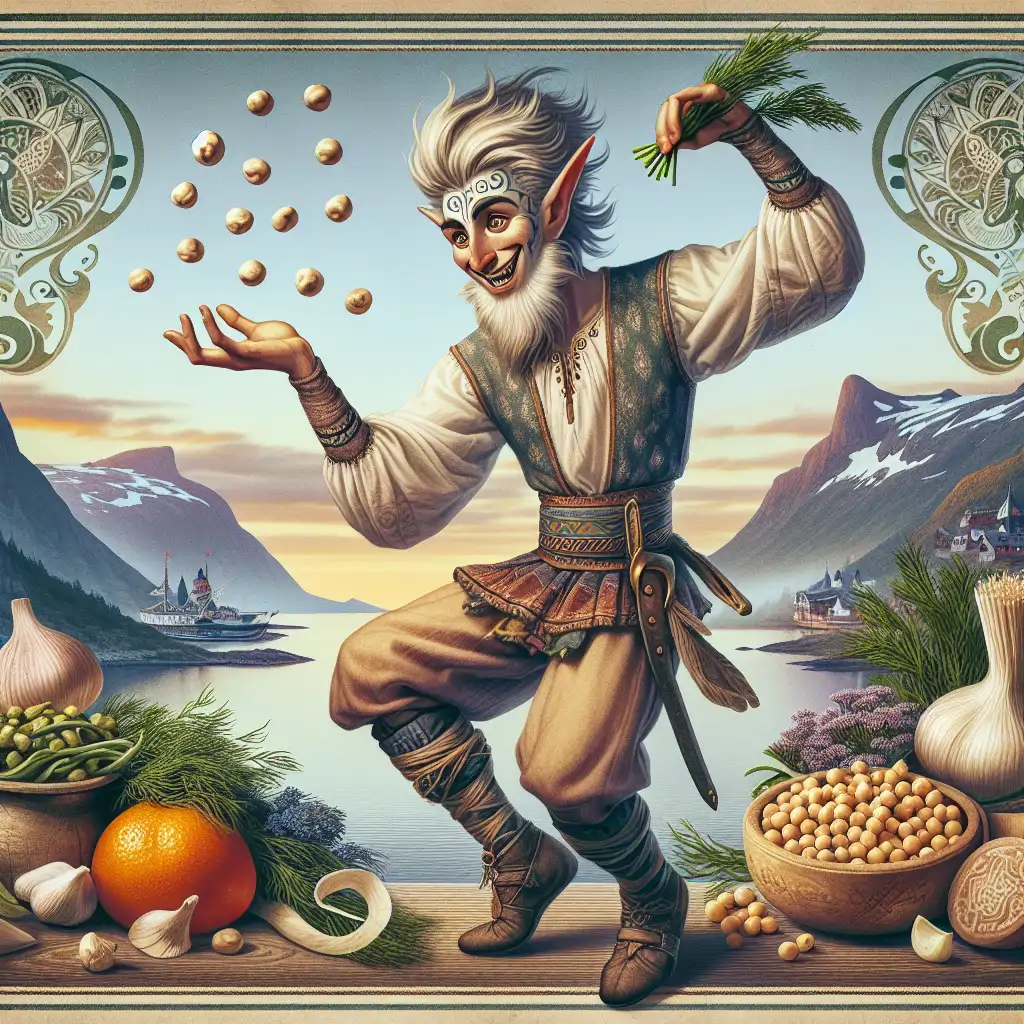 An artistic render of Loki playfully juggling ingredients like chickpeas, dill, and seaweed against a mythical Nordic backdrop.