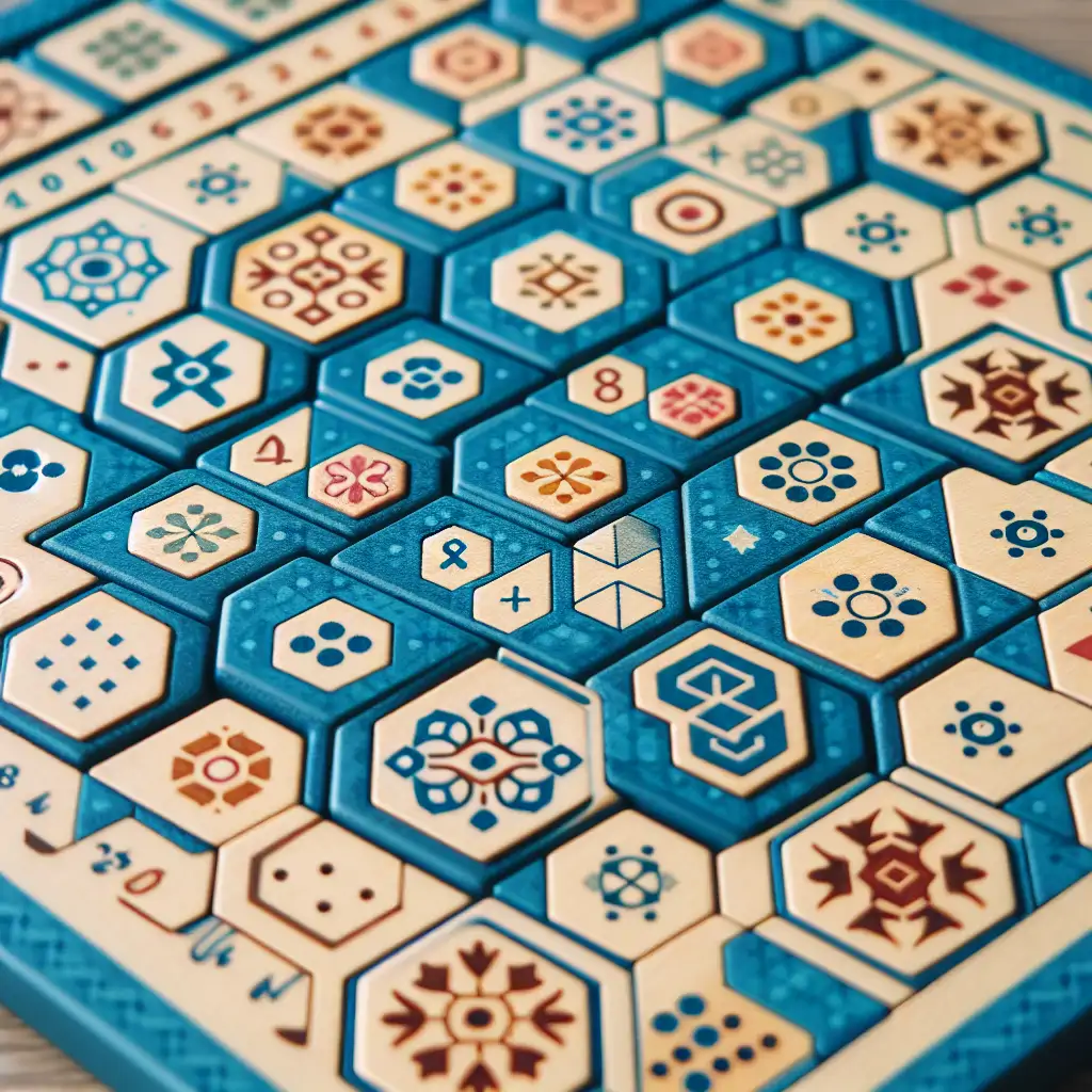 A close-up of a winning player's sophisticated Azul board with strategic patterns completed, exemplifying tactical success.