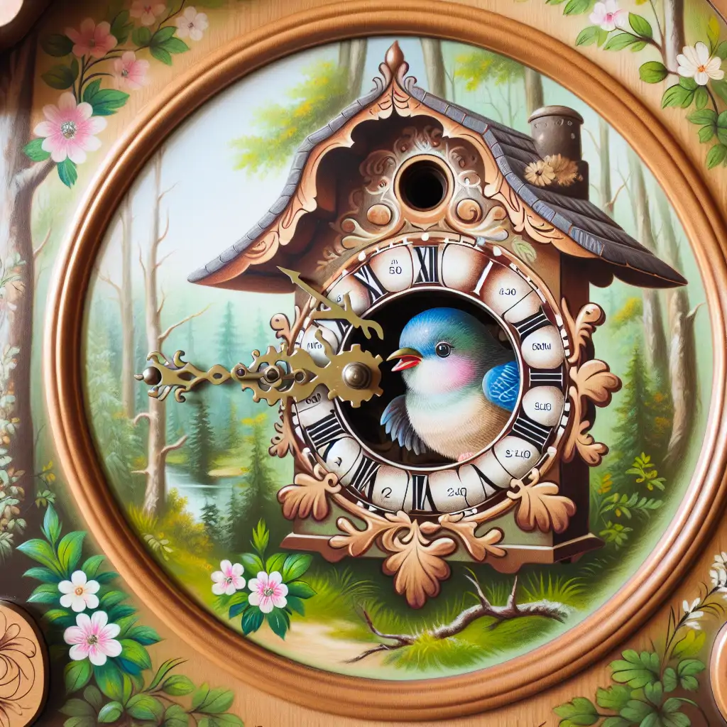 An antique cuckoo clock with a tiny cuckoo bird emerging, surrounded by lush forest imagery.