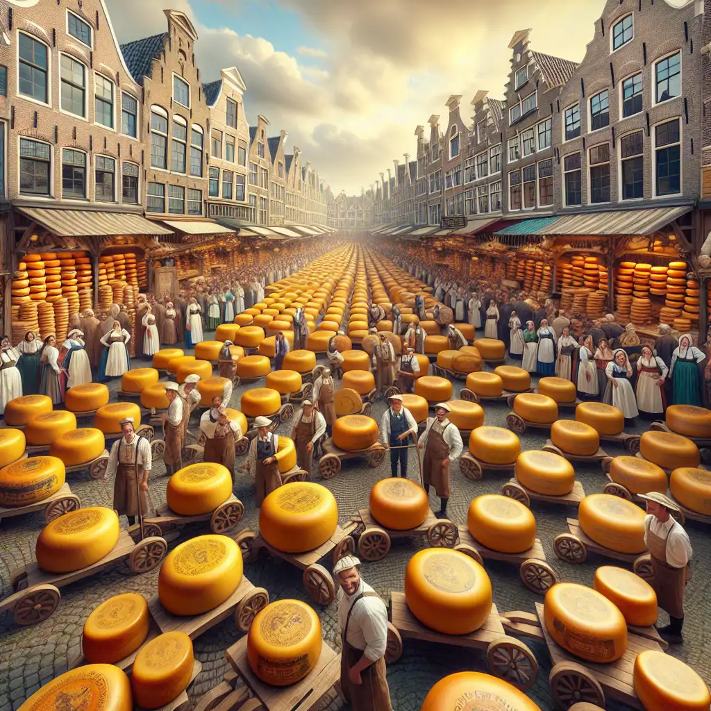 A panoramic view of the Alkmaar Cheese Market with rows of Gouda wheels, cheese carriers in traditional outfits, and a bustling crowd of happy cheese enthusiasts.