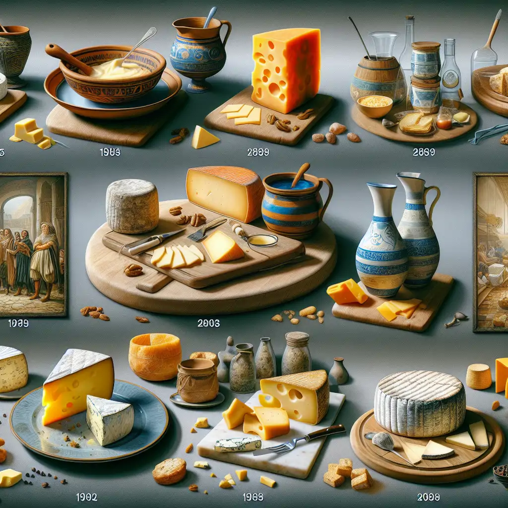 A collage of different historic epochs depicted through cheese, from ancient pottery to modern artisanal cheese boards, symbolizing the evolutionary journey of cheese.