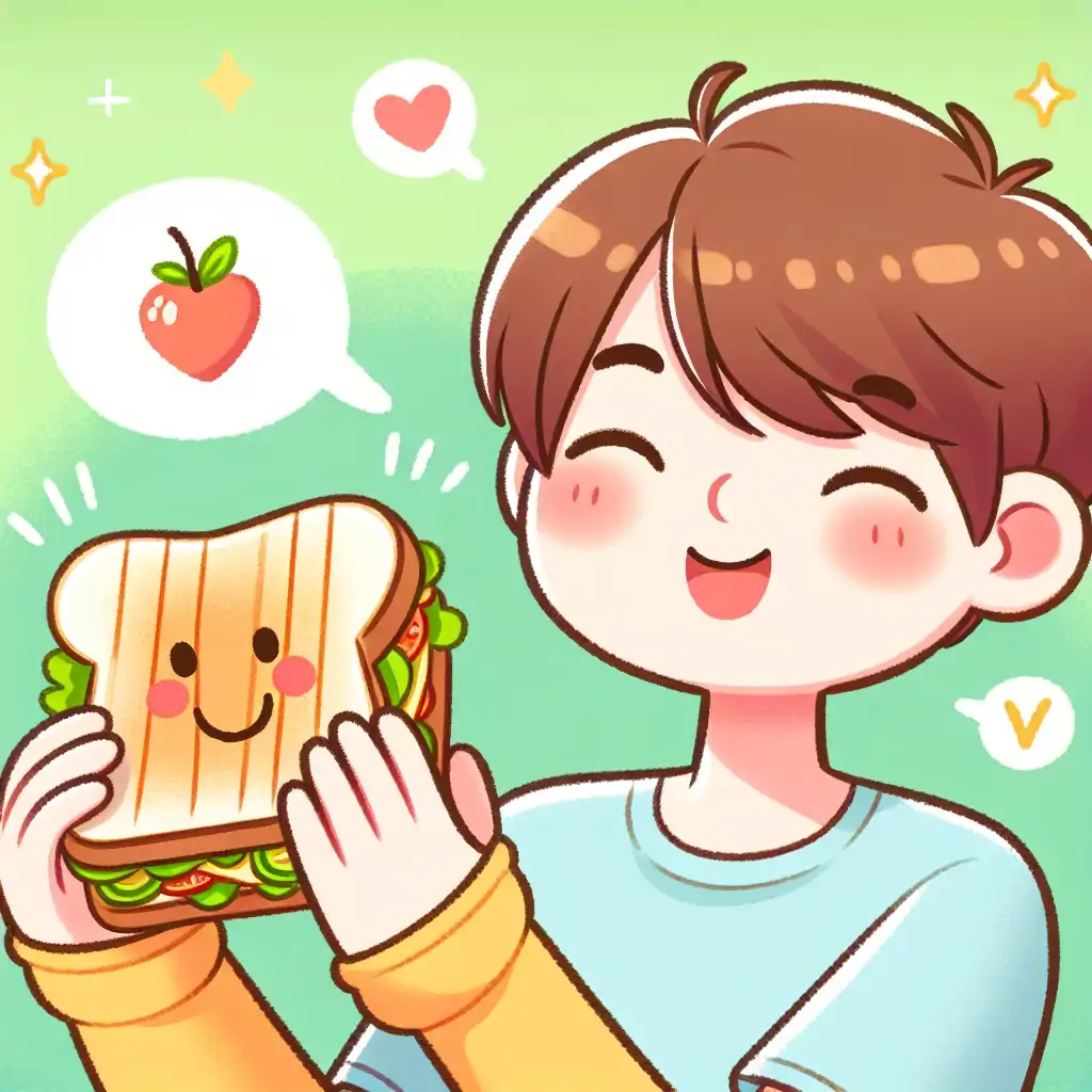 A smiling person holding a vegan toasted sandwich, ready to take a first bite with enthusiasm.