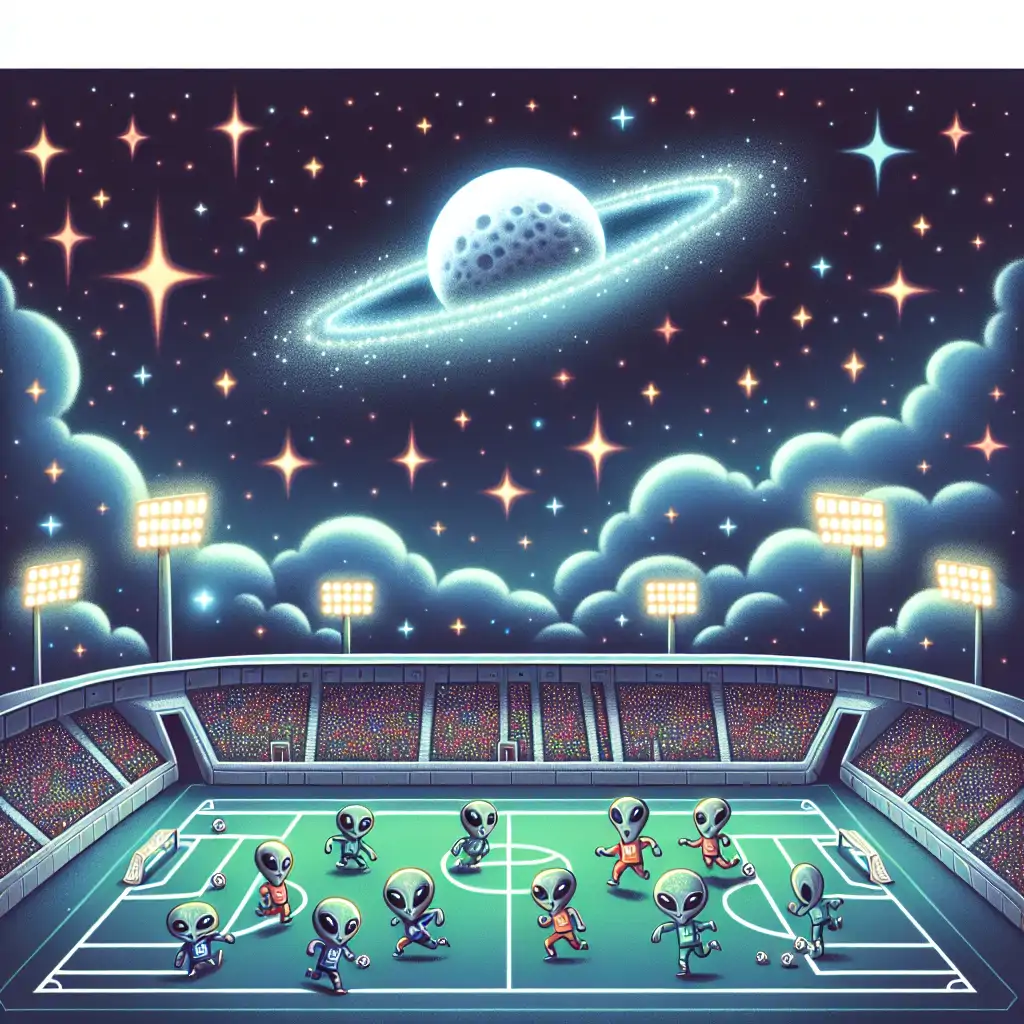 A whimsical depiction of alien athletes competing in an otherworldly sports arena among stars.