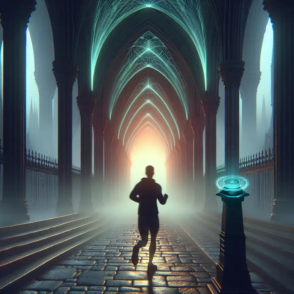 A person jogging in the early morning mist, their fitness tracker glowing mysteriously.