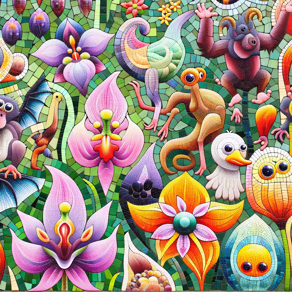 A colorful mosaic of the diverse alien-like orchids, including orchids resembling ducks, monkeys, and bats, arranged artistically with whimsical flair.