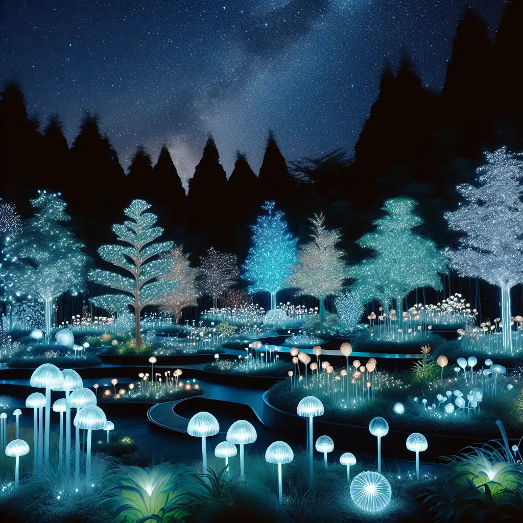 A beautiful garden at night, illuminated by glowing plants.