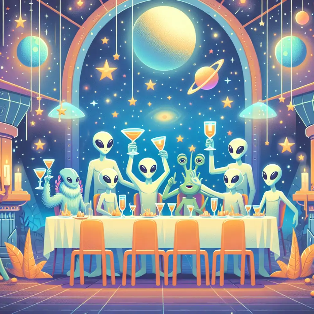 An illustration of aliens toasting in a festive galactic dining scene.