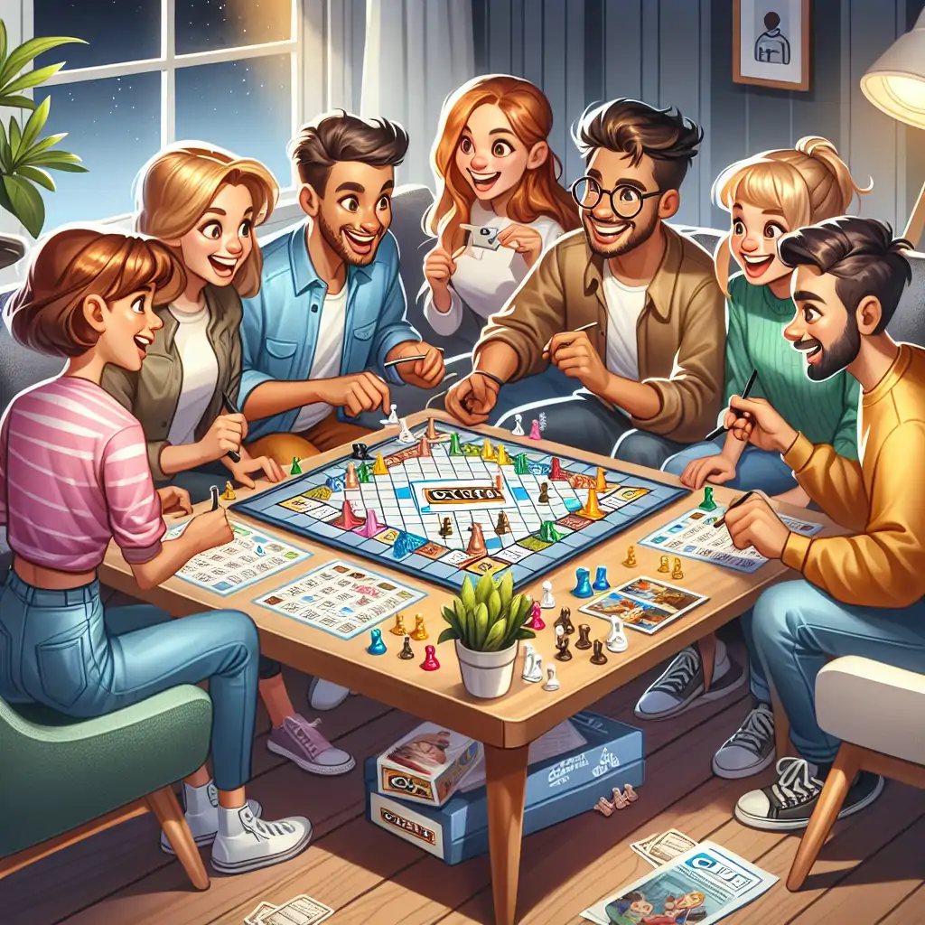 An enthusiastic group of board game players deeply engaged in a game of Clue
