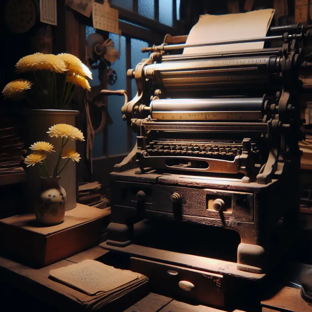 A quaint and dusty second-hand printer in a dimly lit shop corner.