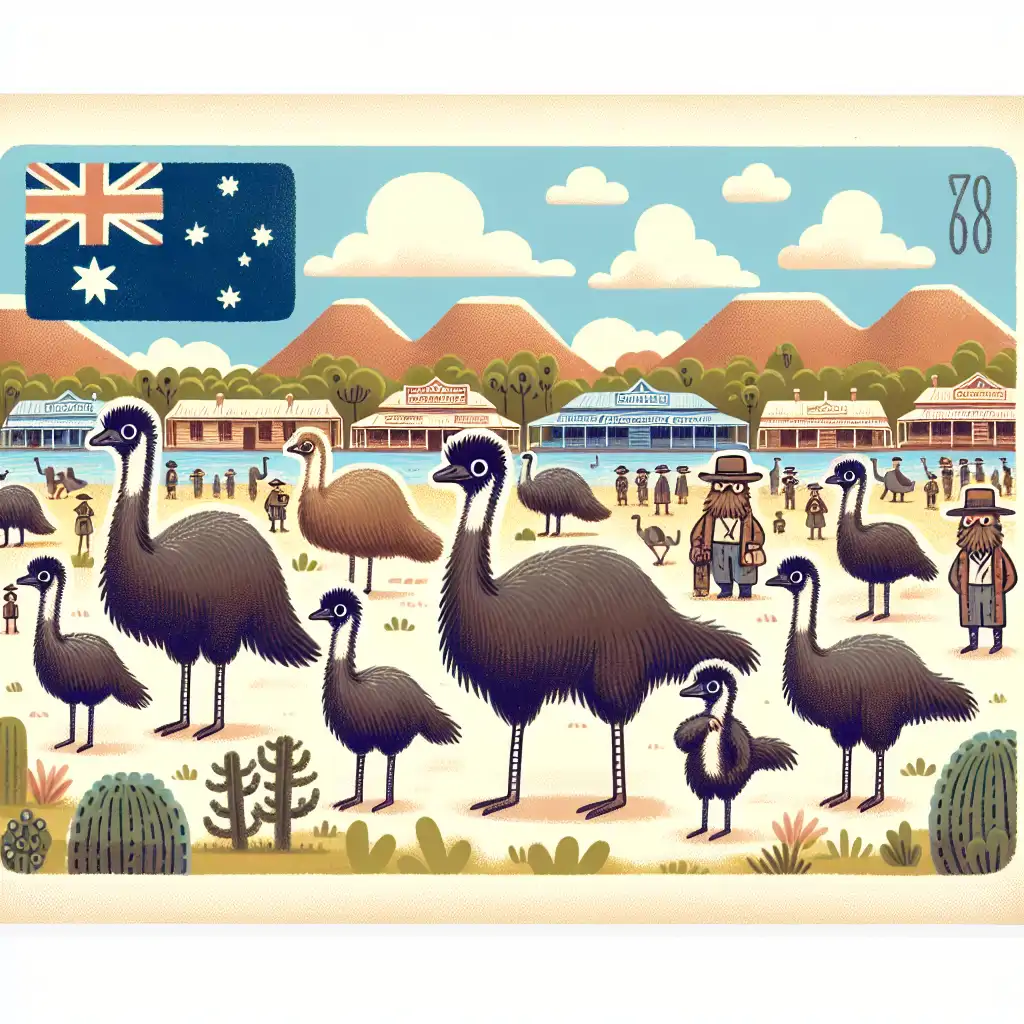 A group of emus standing majestically in an Australian landscape, symbolizing the start of the Great Emu War.