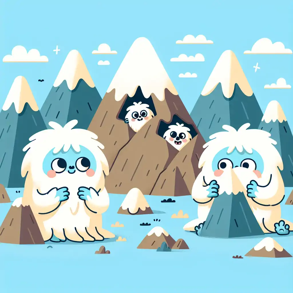 A comical map of the Himalayas with cartoon Yetis playfully hiding