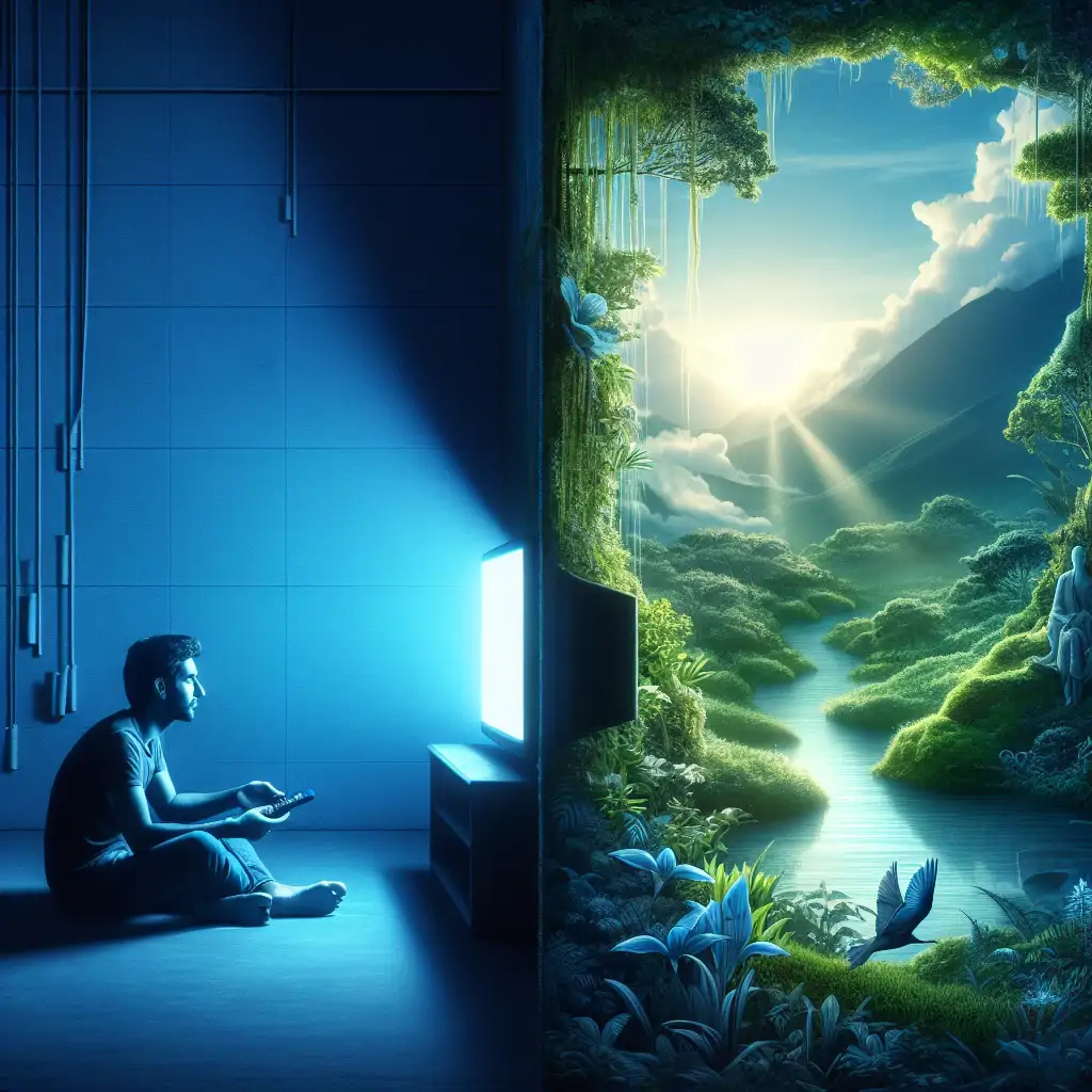 A split image, one side showing a person watching TV in a dimly lit room and the other side with the same person exploring a vibrant outdoor scene, symbolizing the contrast between virtual and real experiences.