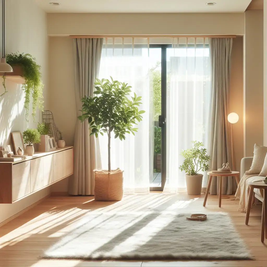 A cozy, clean living room setting with sunlight streaming in, highlighting cleanliness.