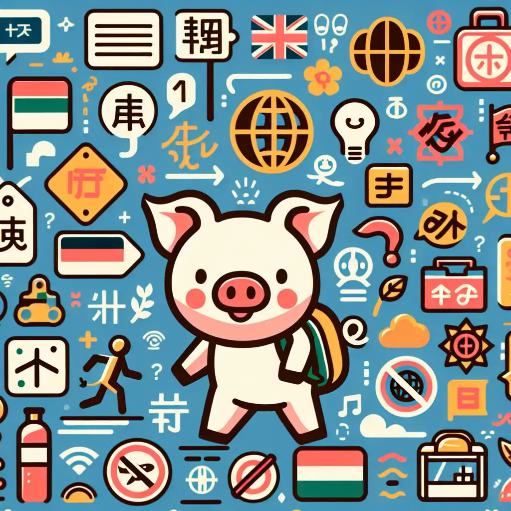 Wilbur walking through a bustling marketplace, surrounded by an array of international signs and symbols.