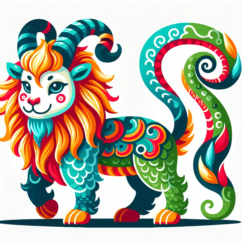 A vibrant illustration of the Greek Chimera, depicting its lion head, goat body, and snake tail.