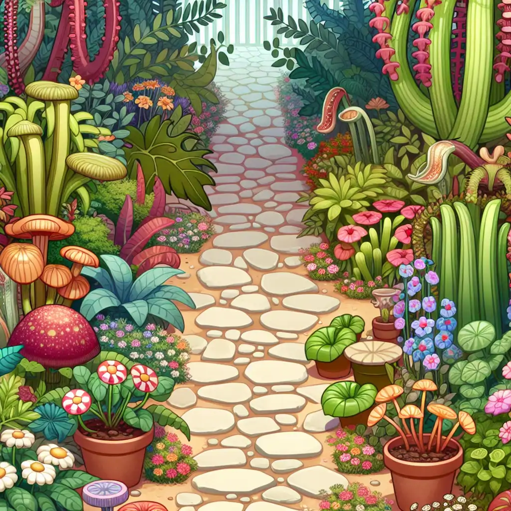 A whimsical garden pathway lined with various carnivorous plants, inviting exploration and curiosity.