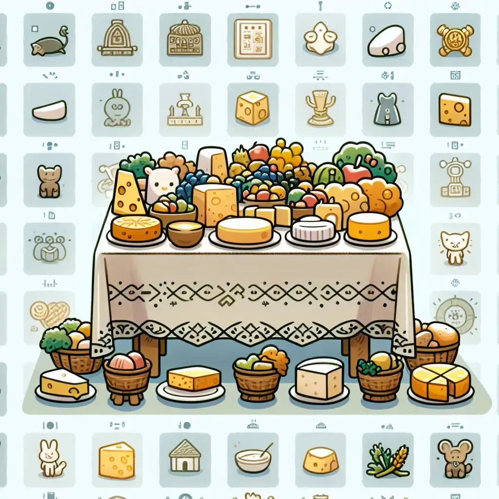 A table with various types of cheese, surrounded by cultural symbols and icons.