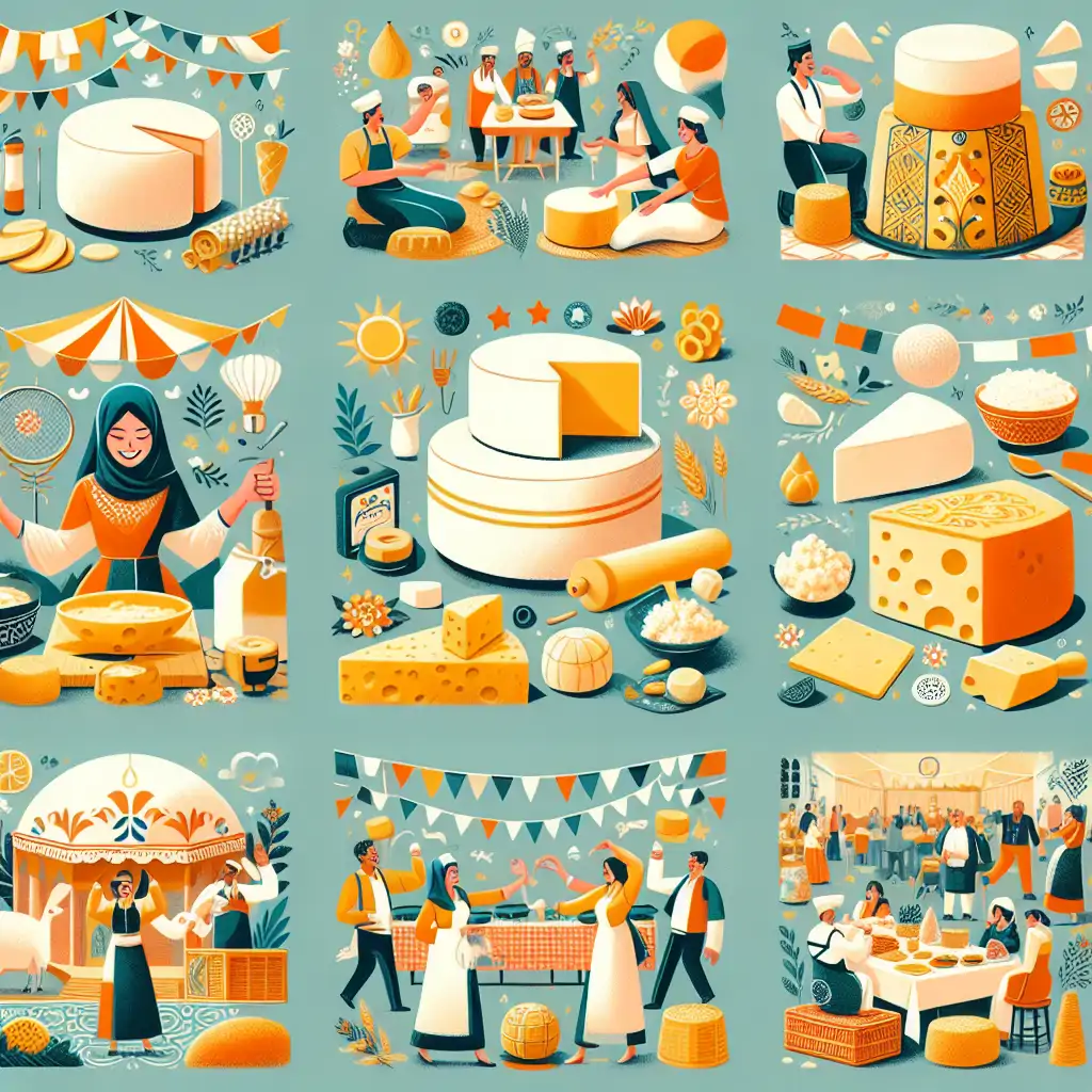 A collage of various global cheese traditions, illustrating the diversity and entertainment value in cheese-related festivities.