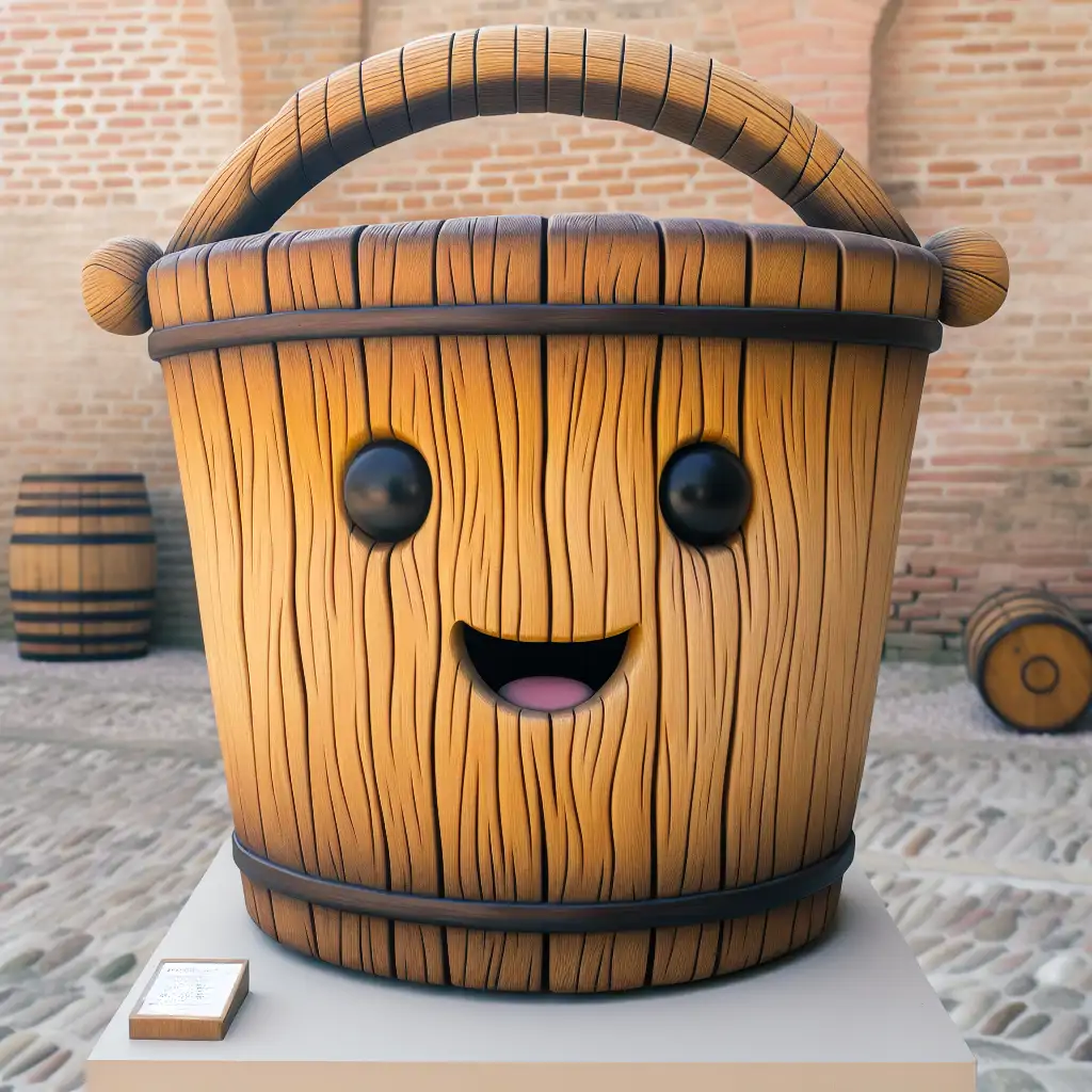 An artistic inscription depicting the famous oaken bucket in its present display at Modena’s heritage sites.